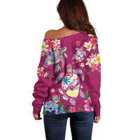 Hawaiian Turtles and Tropical Plants Off Shoulder Sweater Pink Watercolor LT03 - Polynesian Pride