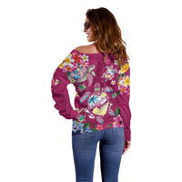 Hawaiian Turtles and Tropical Plants Off Shoulder Sweater Pink Watercolor LT03 - Polynesian Pride