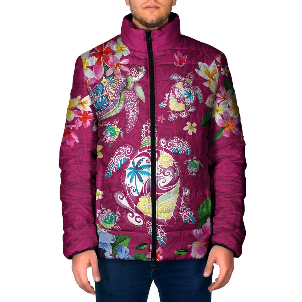 Hawaiian Turtles and Tropical Plants Padded Jacket Pink Watercolor