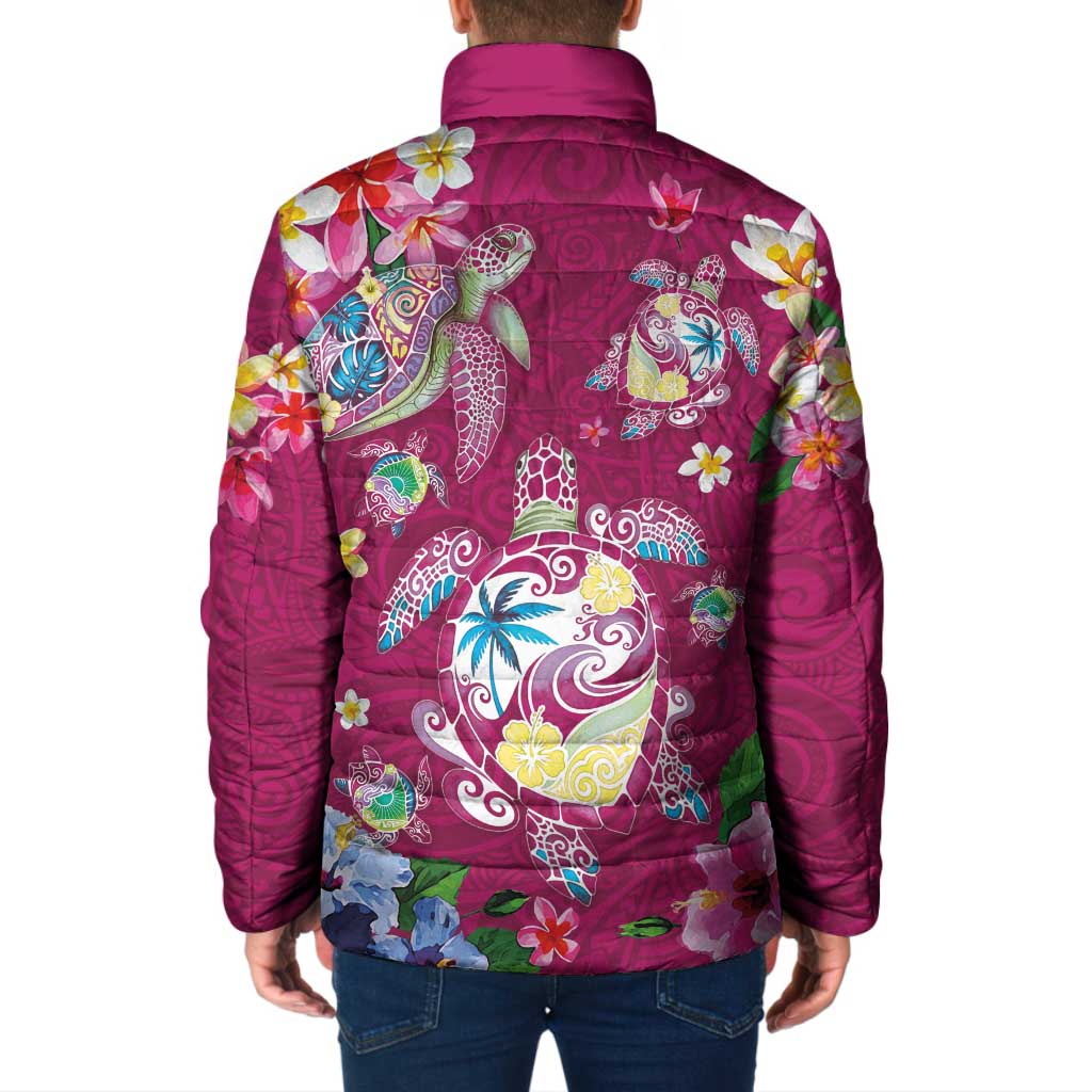 Hawaiian Turtles and Tropical Plants Padded Jacket Pink Watercolor