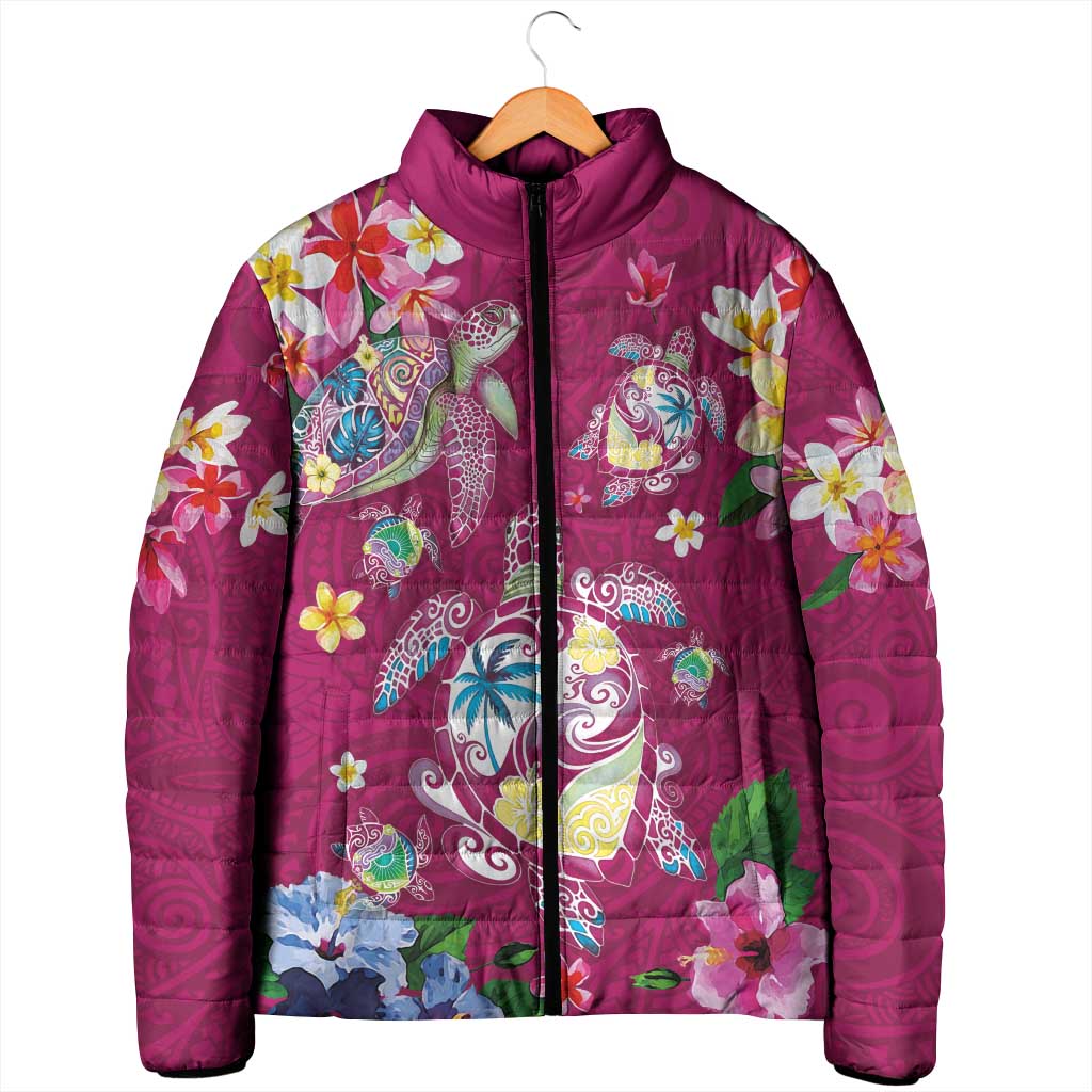 Hawaiian Turtles and Tropical Plants Padded Jacket Pink Watercolor