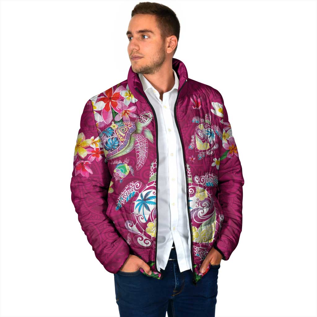 Hawaiian Turtles and Tropical Plants Padded Jacket Pink Watercolor