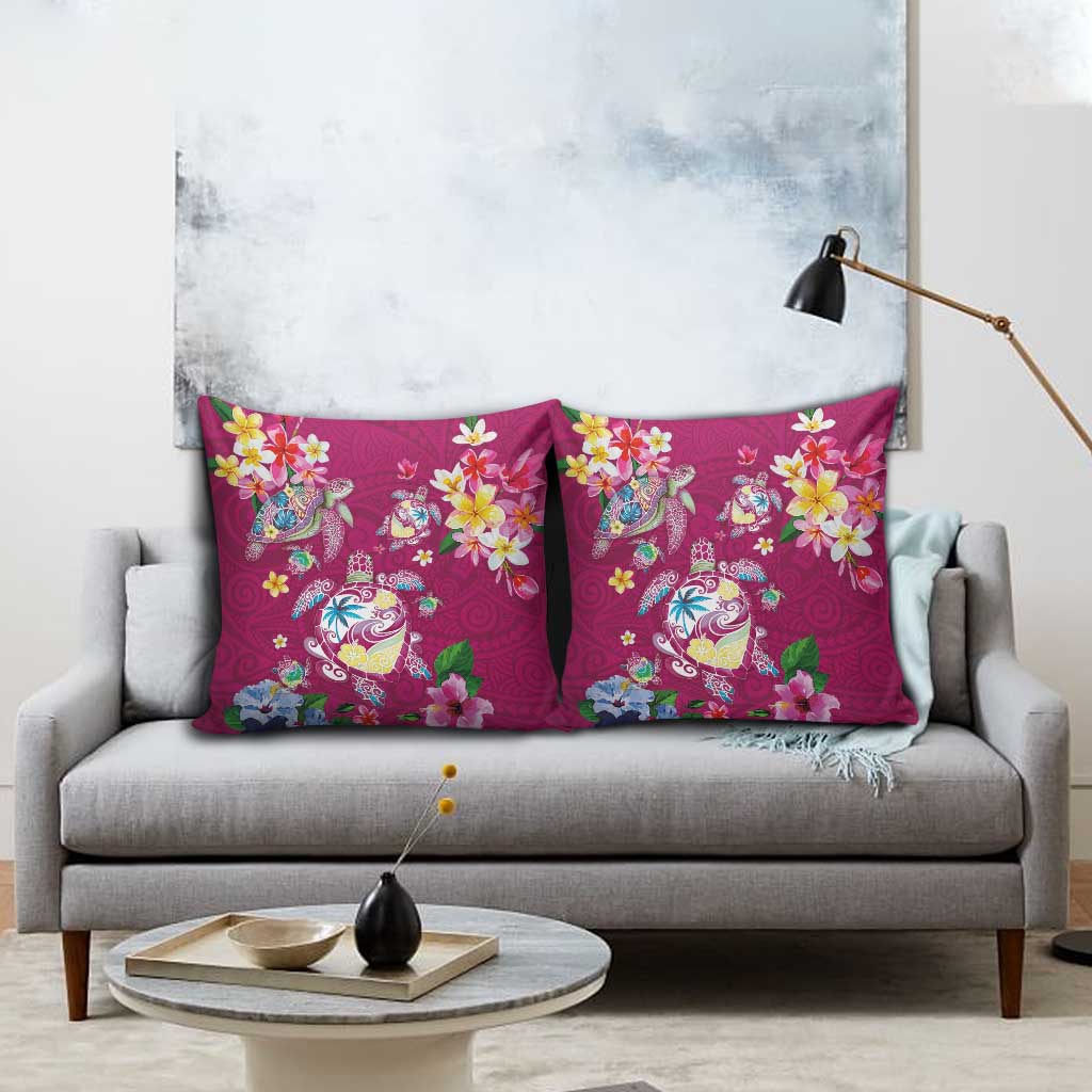 Hawaiian Turtles and Tropical Plants Pillow Cover Pink Watercolor