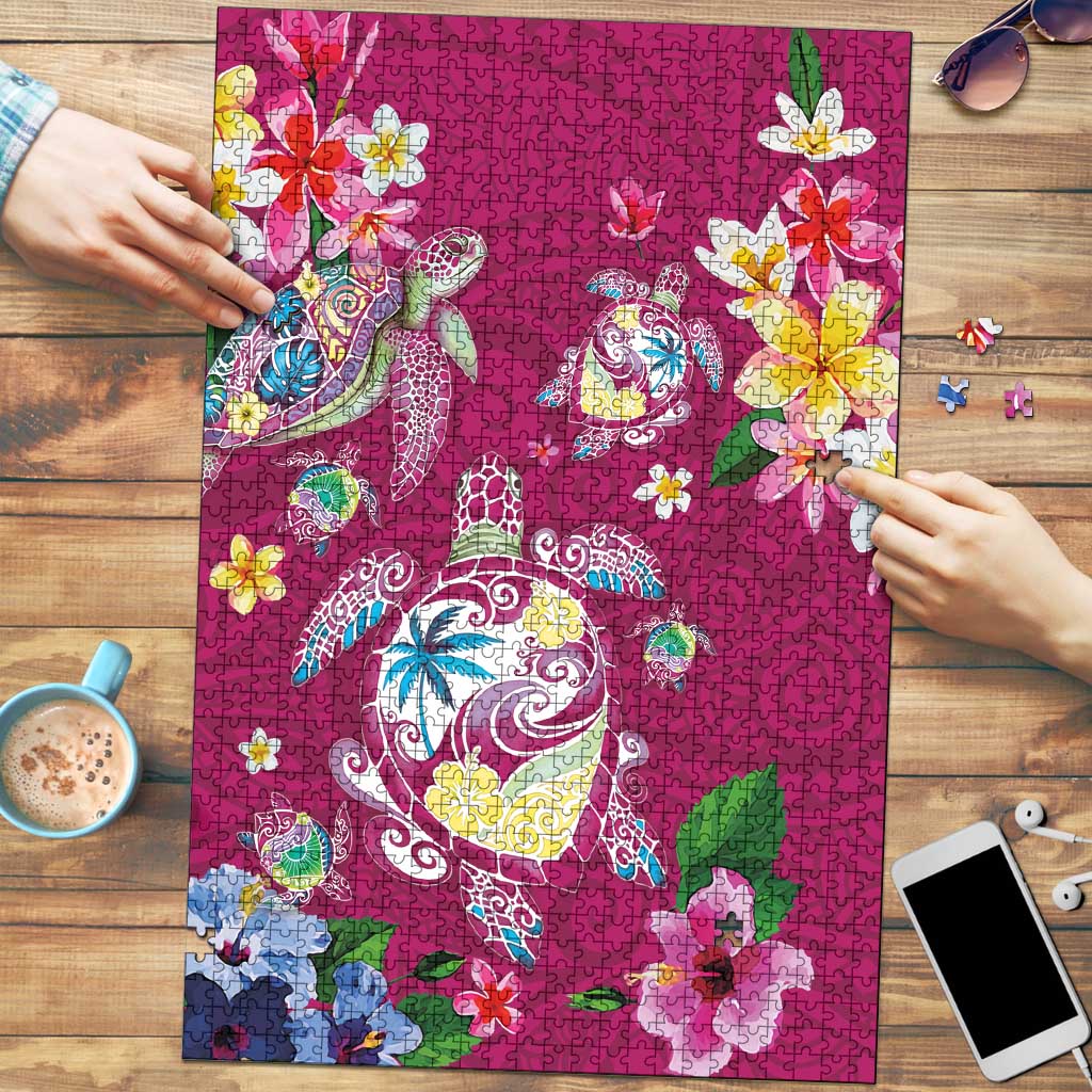 Hawaiian Turtles and Tropical Plants Puzzle Pink Watercolor