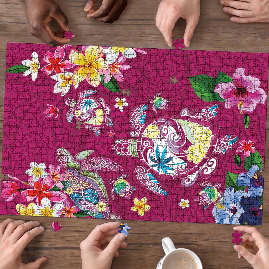 Hawaiian Turtles and Tropical Plants Puzzle Pink Watercolor