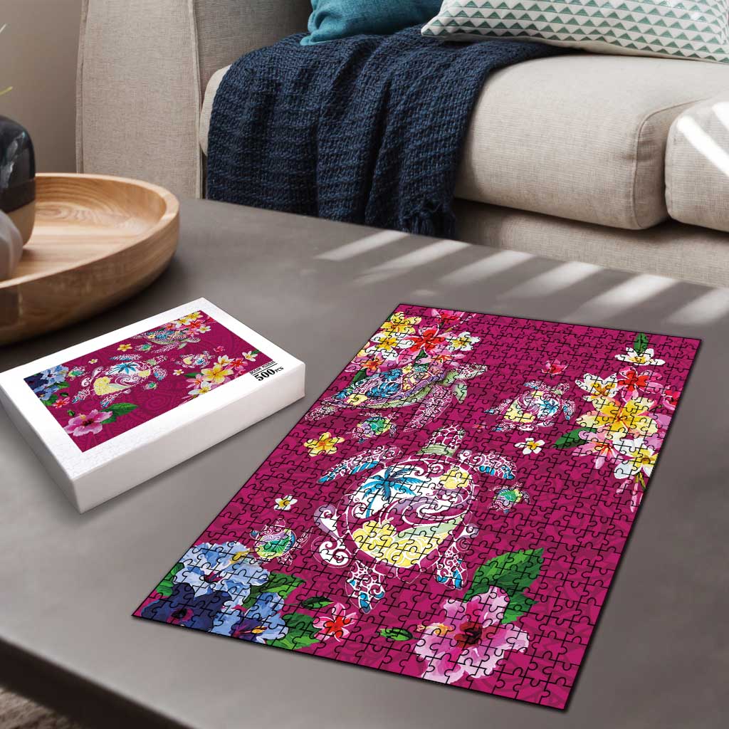 Hawaiian Turtles and Tropical Plants Puzzle Pink Watercolor