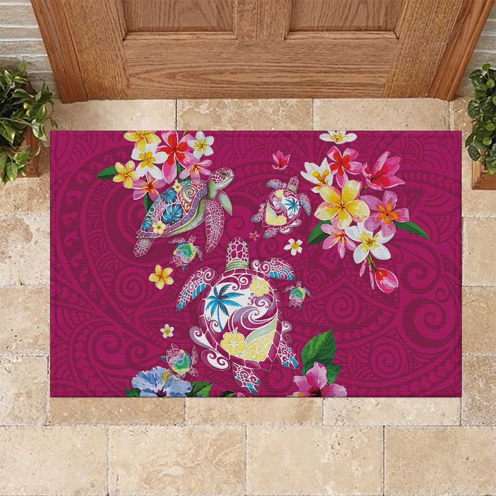 Hawaiian Turtles and Tropical Plants Rubber Doormat Pink Watercolor LT03 Pink - Polynesian Pride