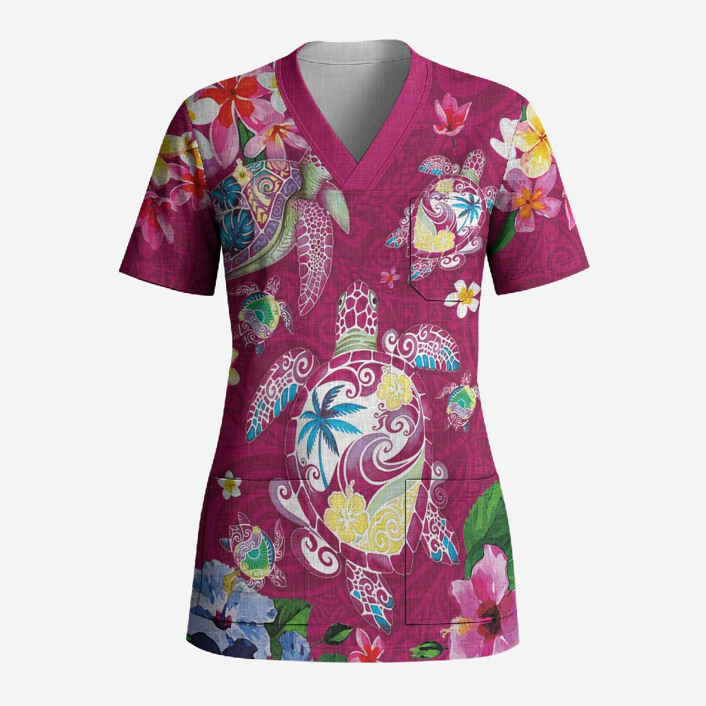 Hawaiian Turtles and Tropical Plants Scrub Top Pink Watercolor