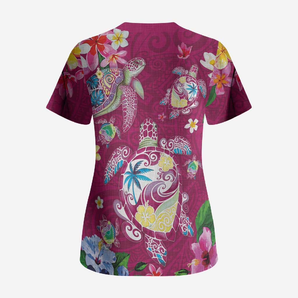 Hawaiian Turtles and Tropical Plants Scrub Top Pink Watercolor
