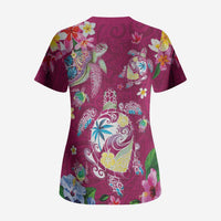 Hawaiian Turtles and Tropical Plants Scrub Top Pink Watercolor