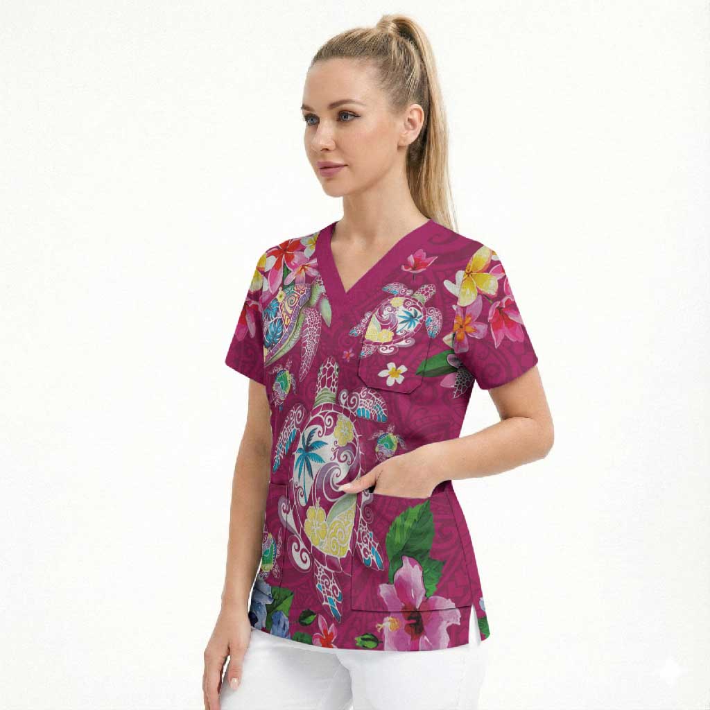 Hawaiian Turtles and Tropical Plants Scrub Top Pink Watercolor