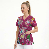 Hawaiian Turtles and Tropical Plants Scrub Top Pink Watercolor
