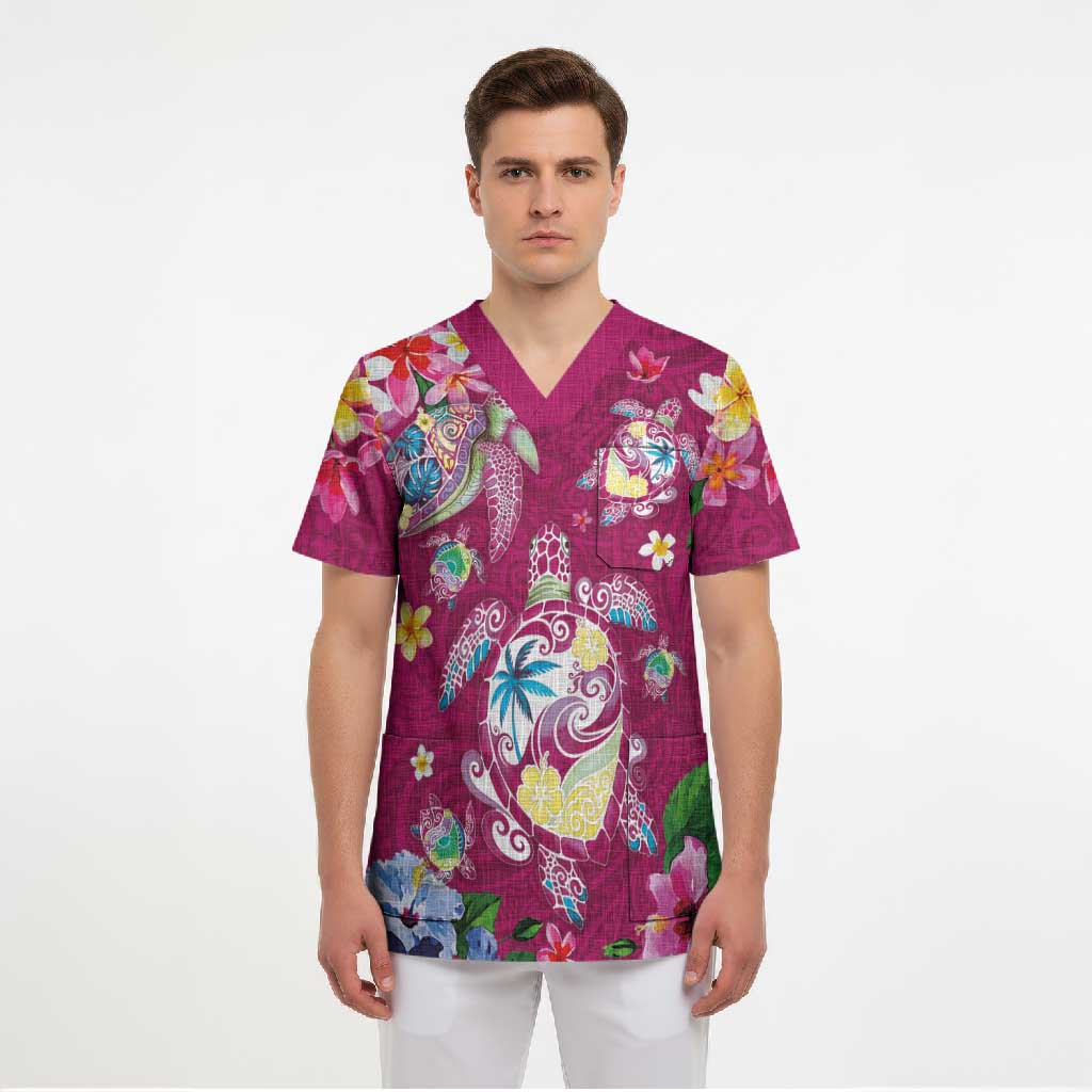 Hawaiian Turtles and Tropical Plants Scrub Top Pink Watercolor