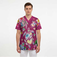 Hawaiian Turtles and Tropical Plants Scrub Top Pink Watercolor