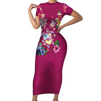 Hawaiian Turtles and Tropical Plants Short Sleeve Bodycon Dress Pink Watercolor LT03 Long Dress Pink - Polynesian Pride