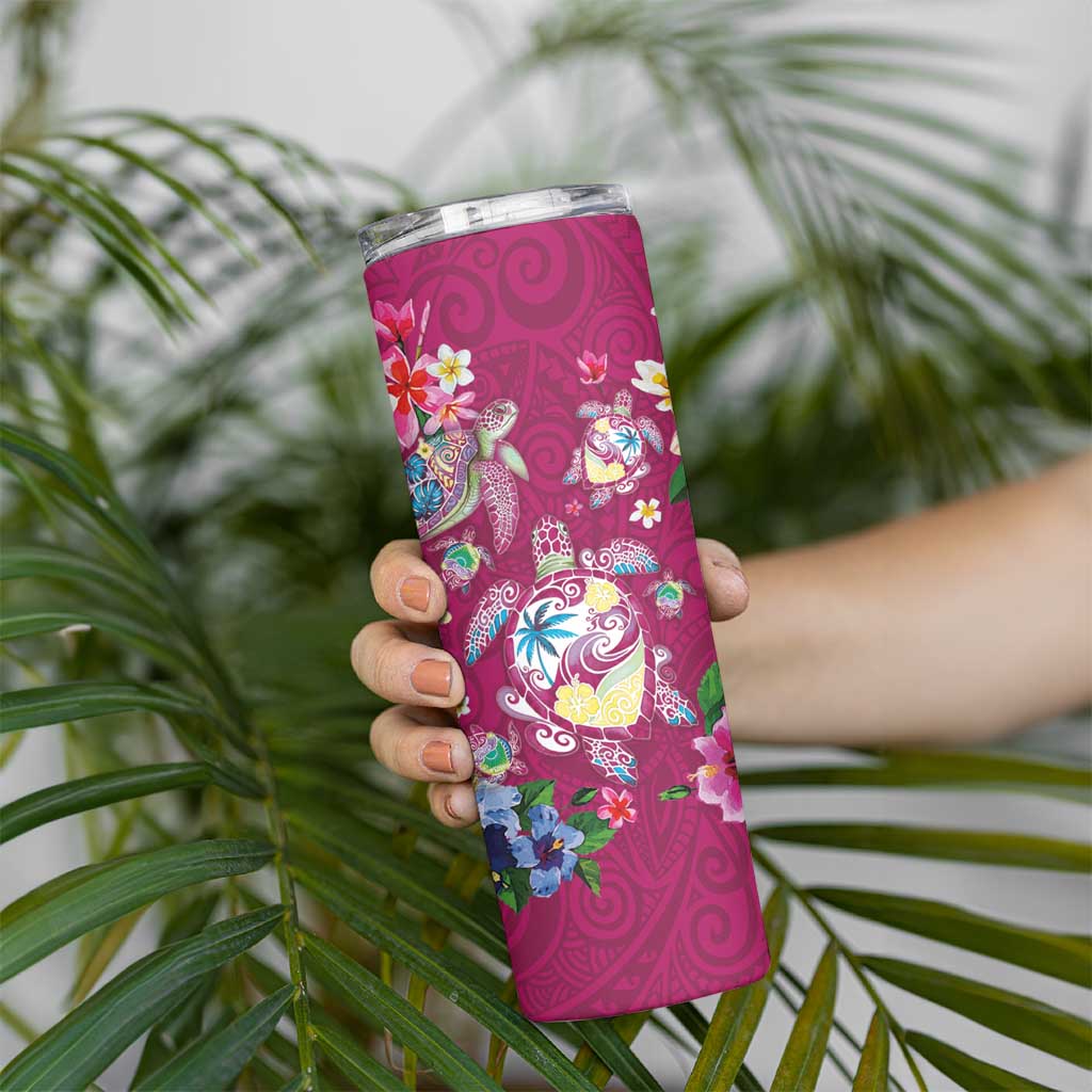 Hawaiian Turtles and Tropical Plants Skinny Tumbler Pink Watercolor LT03 - Polynesian Pride