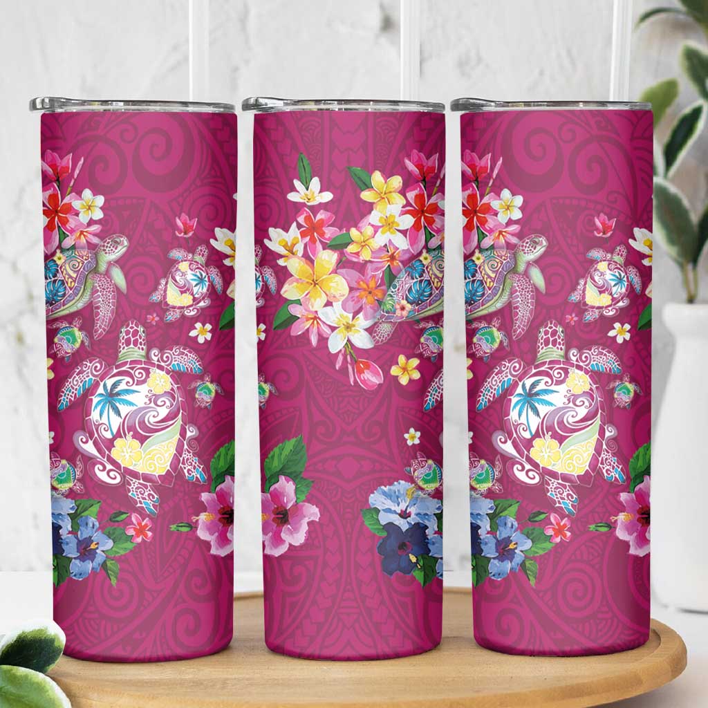 Hawaiian Turtles and Tropical Plants Skinny Tumbler Pink Watercolor LT03 - Polynesian Pride