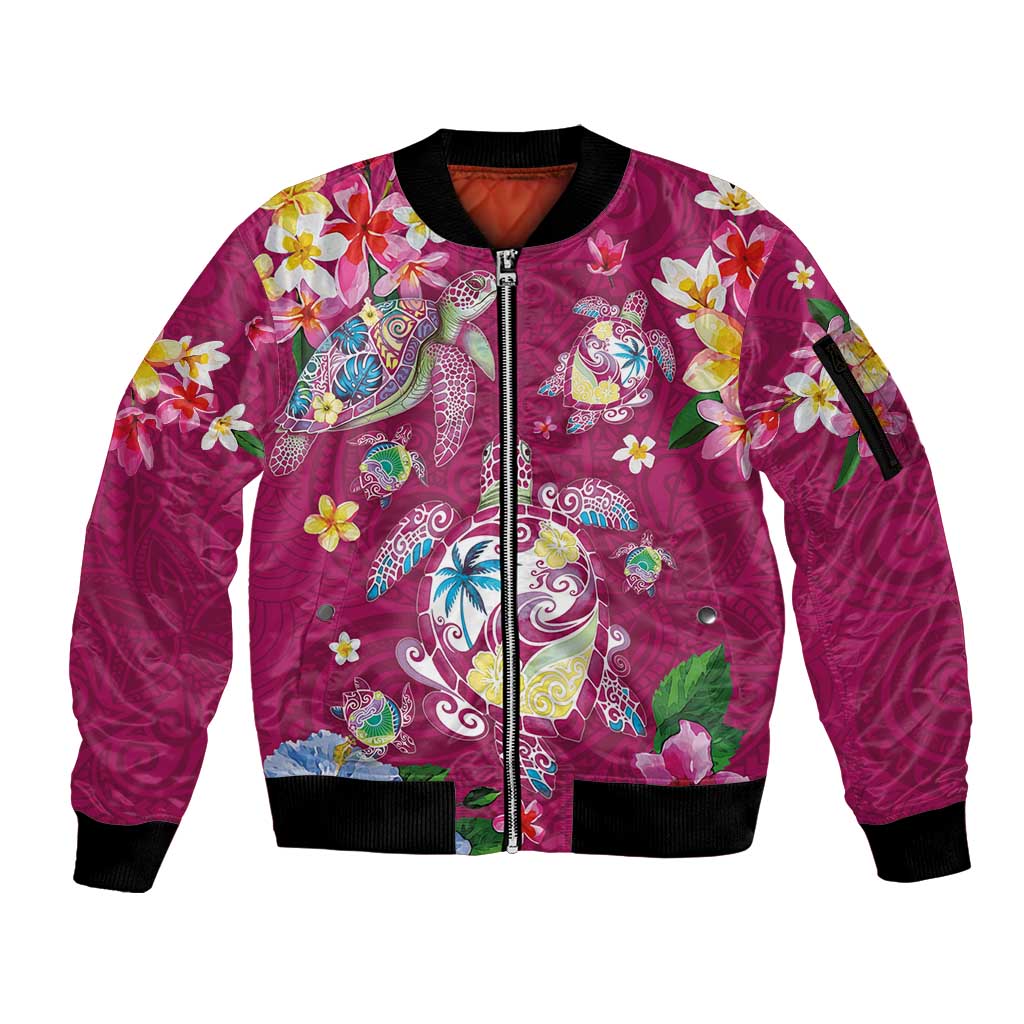 Hawaiian Turtles and Tropical Plants Sleeve Zip Bomber Jacket Pink Watercolor