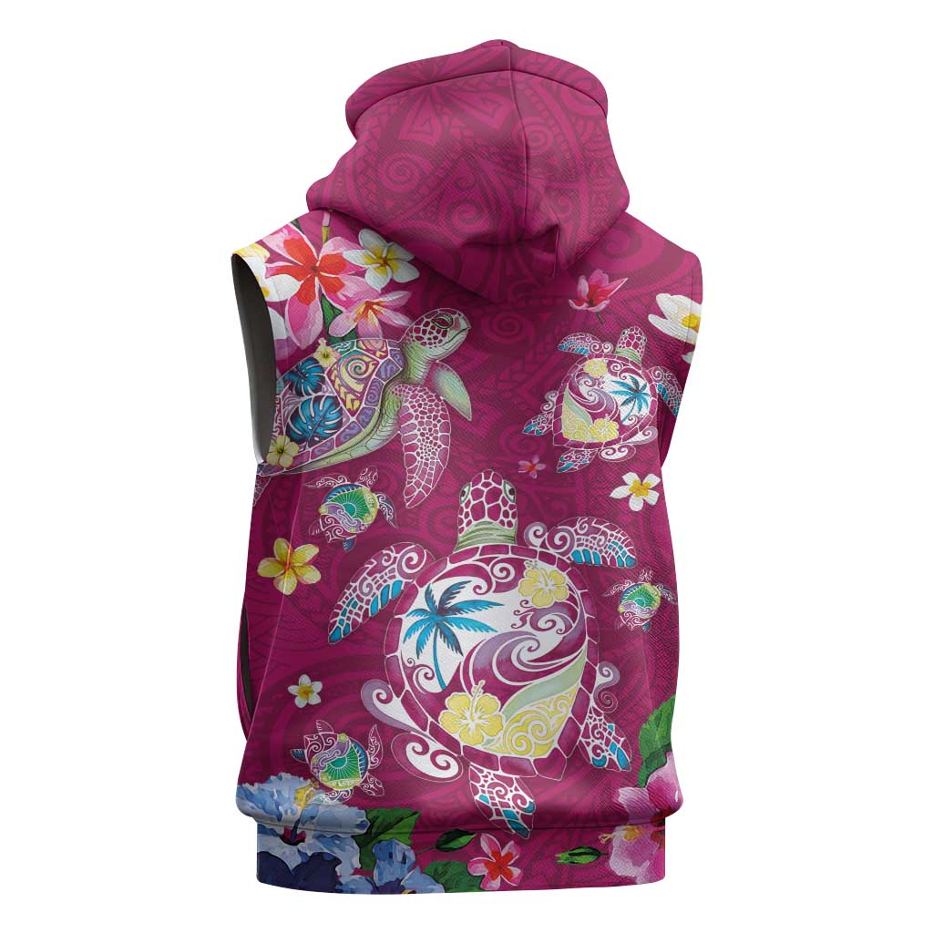 Hawaiian Turtles and Tropical Plants Sleeveless Hoodie Pink Watercolor