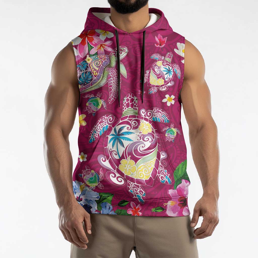 Hawaiian Turtles and Tropical Plants Sleeveless Hoodie Pink Watercolor