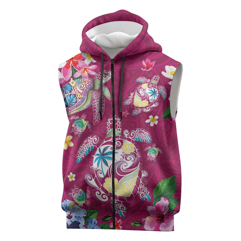 Hawaiian Turtles and Tropical Plants Sleeveless Zip Hoodie Pink Watercolor LT03 Pink - Polynesian Pride