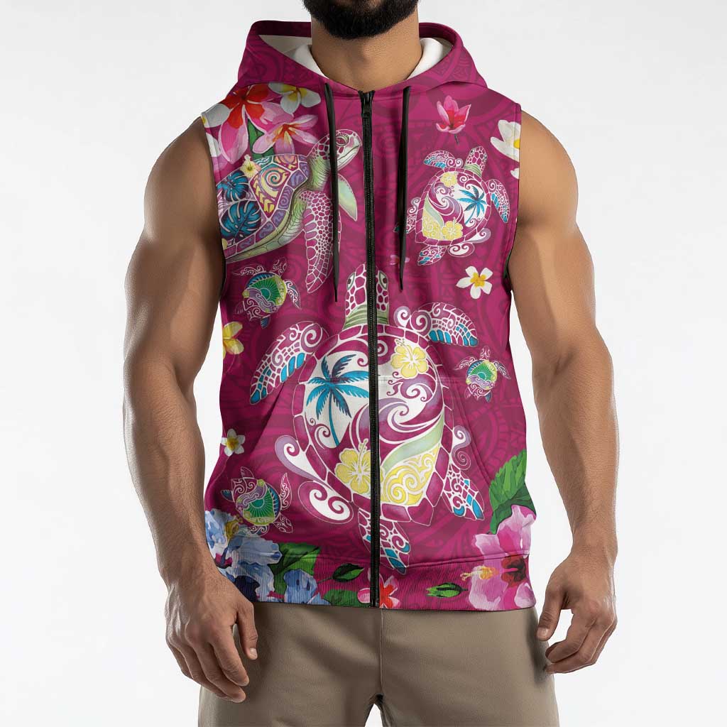 Hawaiian Turtles and Tropical Plants Sleeveless Zip Hoodie Pink Watercolor LT03 - Polynesian Pride