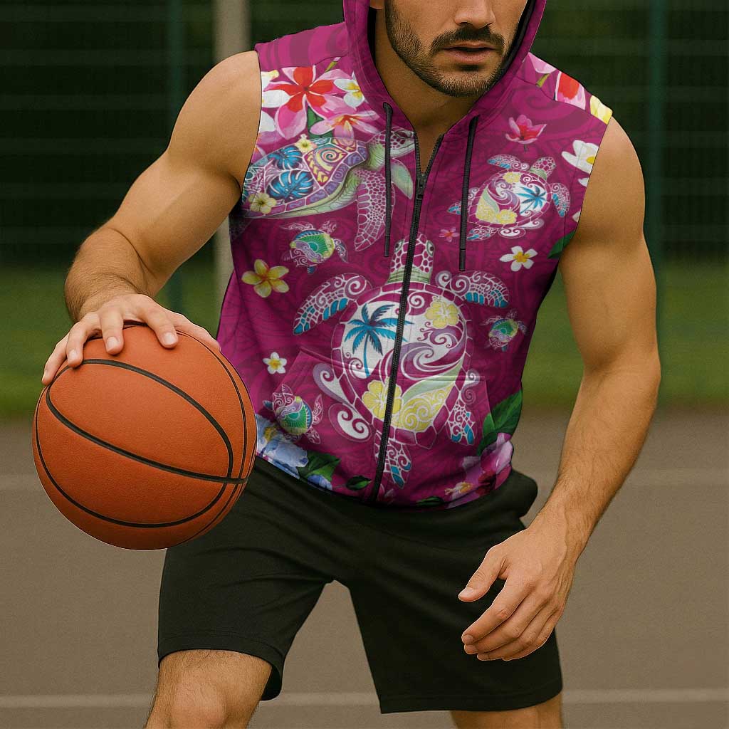 Hawaiian Turtles and Tropical Plants Sleeveless Zip Hoodie Pink Watercolor LT03 - Polynesian Pride