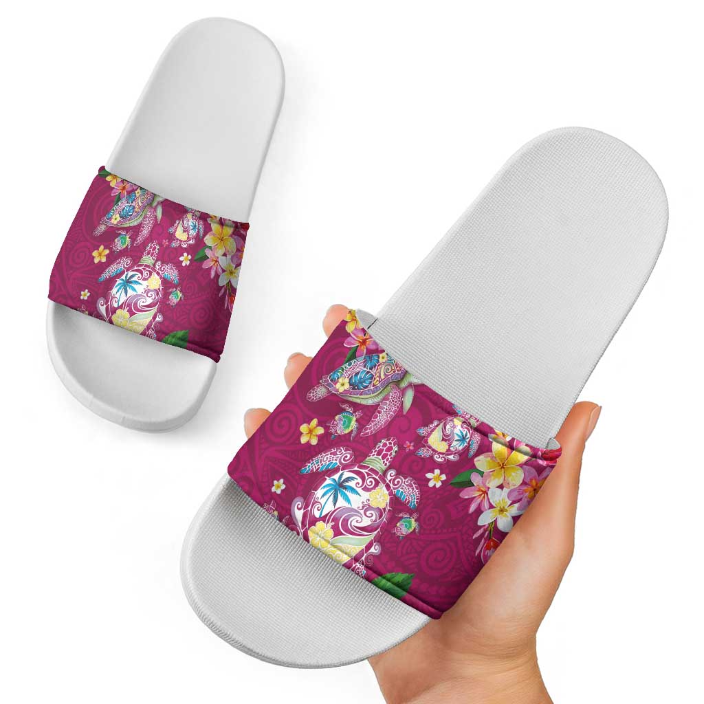Hawaiian Turtles and Tropical Plants Slide Sandals Pink Watercolor
