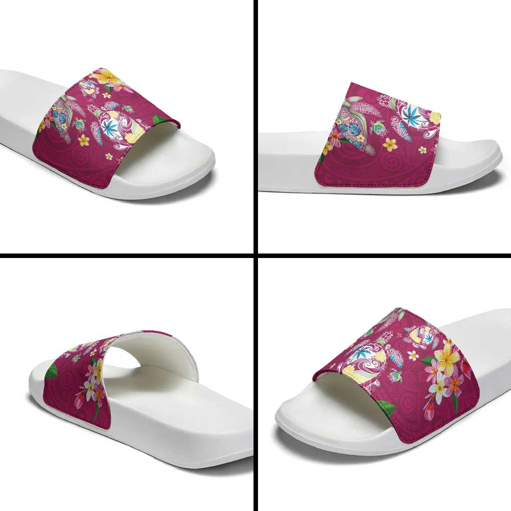 Hawaiian Turtles and Tropical Plants Slide Sandals Pink Watercolor
