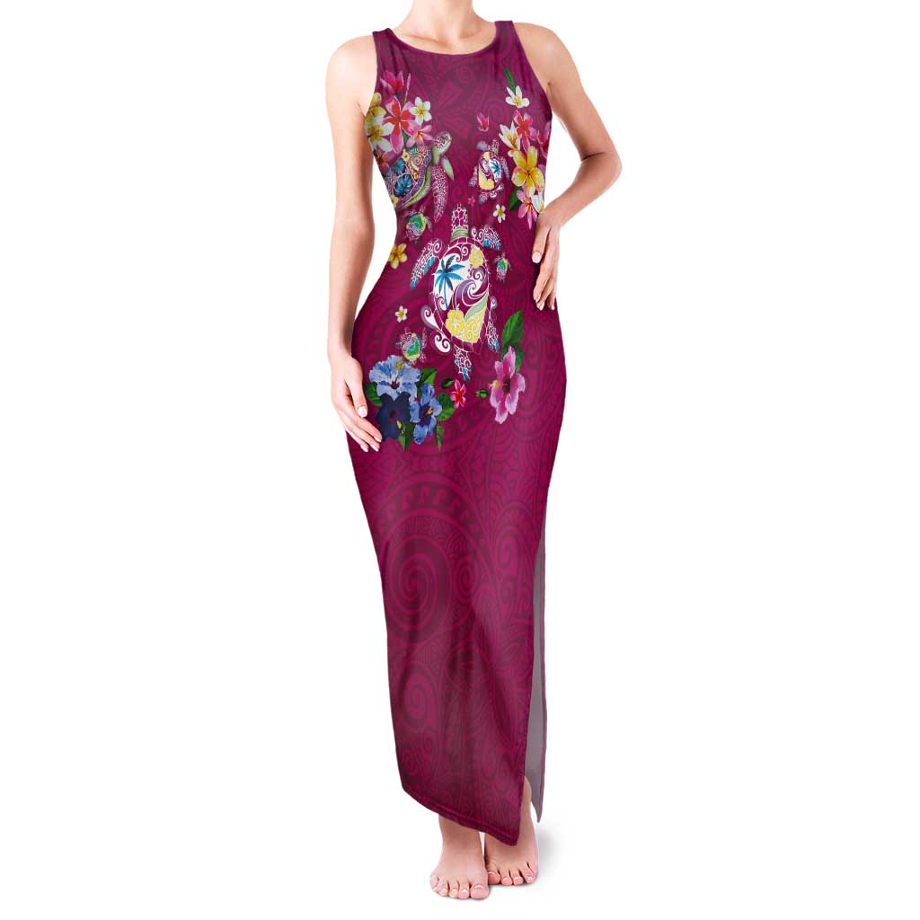 Hawaiian Turtles and Tropical Plants Tank Maxi Dress Pink Watercolor LT03 Women Pink - Polynesian Pride