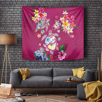 Hawaiian Turtles and Tropical Plants Tapestry Pink Watercolor