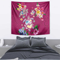 Hawaiian Turtles and Tropical Plants Tapestry Pink Watercolor