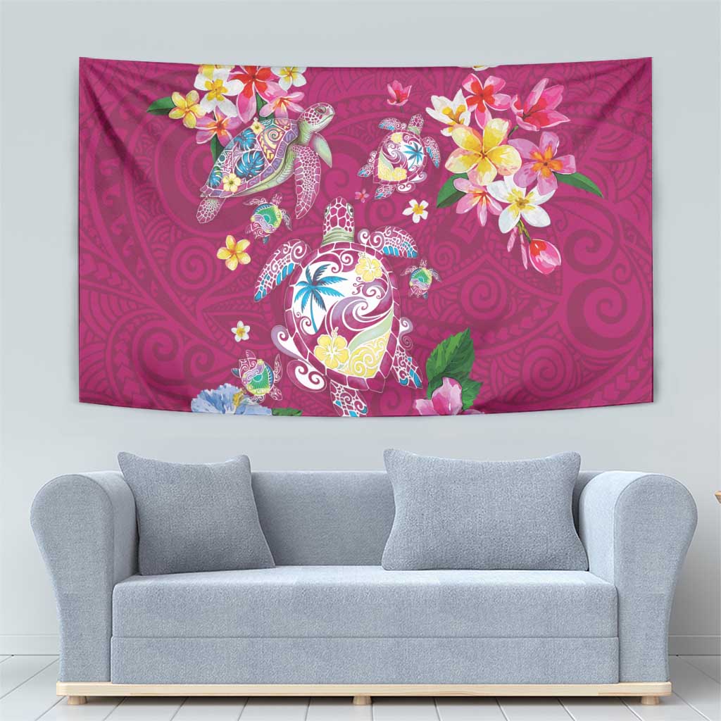 Hawaiian Turtles and Tropical Plants Tapestry Pink Watercolor