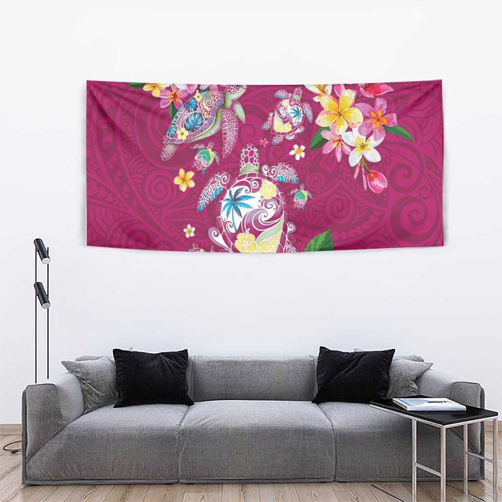 Hawaiian Turtles and Tropical Plants Tapestry Pink Watercolor
