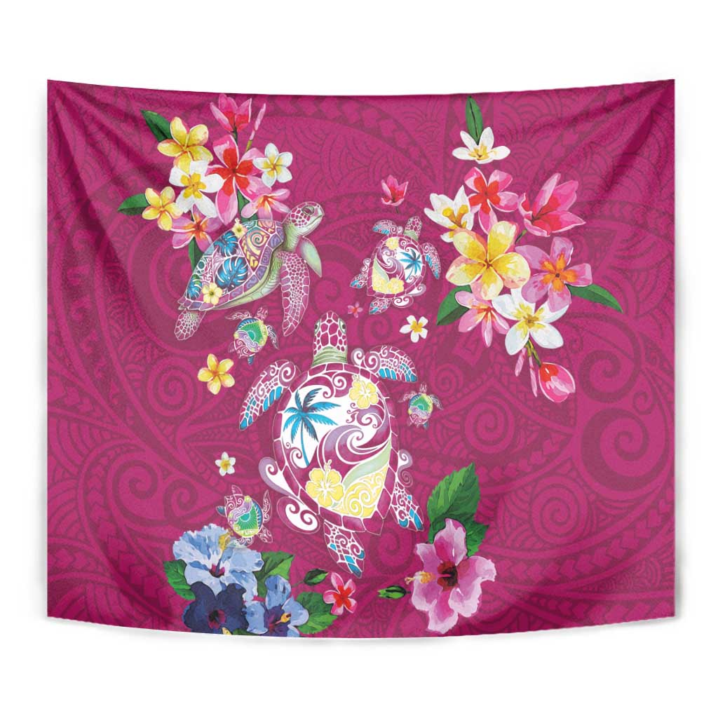 Hawaiian Turtles and Tropical Plants Tapestry Pink Watercolor
