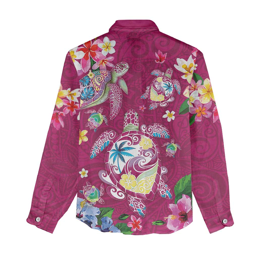 Hawaiian Turtles and Tropical Plants Women Casual Shirt Pink Watercolor LT03 - Polynesian Pride
