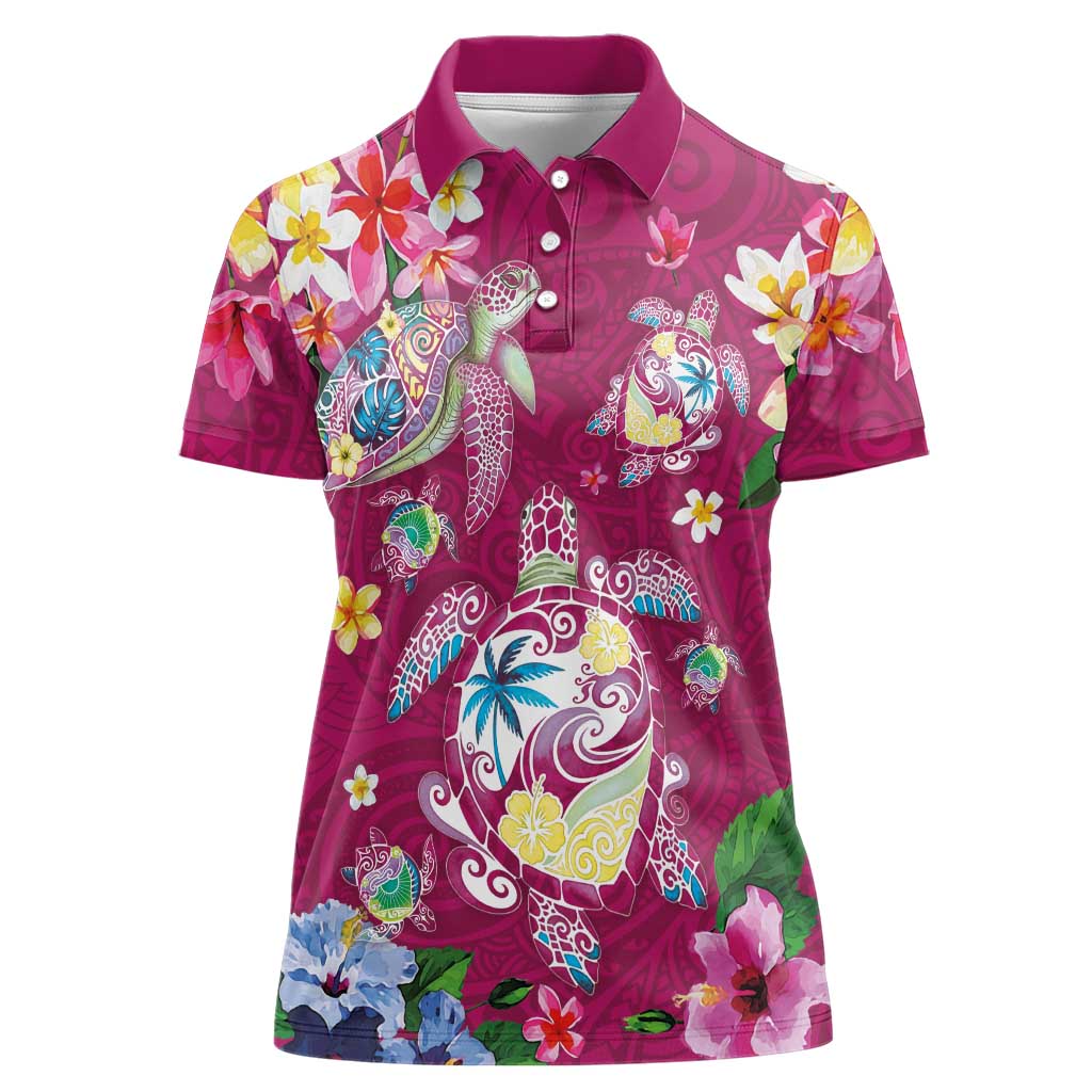 Hawaiian Turtles and Tropical Plants Women Polo Shirt Pink Watercolor LT03 Female Pink - Polynesian Pride