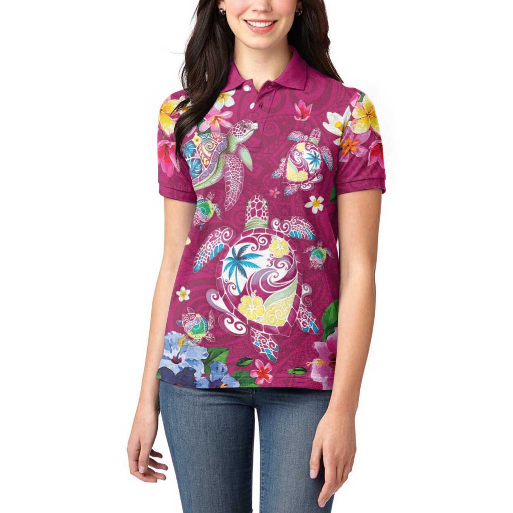 Hawaiian Turtles and Tropical Plants Women Polo Shirt Pink Watercolor LT03 - Polynesian Pride