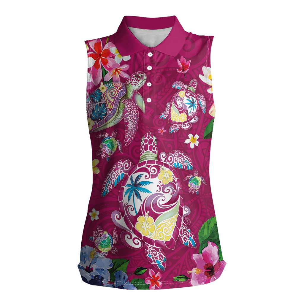 Hawaiian Turtles and Tropical Plants Women Sleeveless Polo Shirt Pink Watercolor LT03 Female Pink - Polynesian Pride