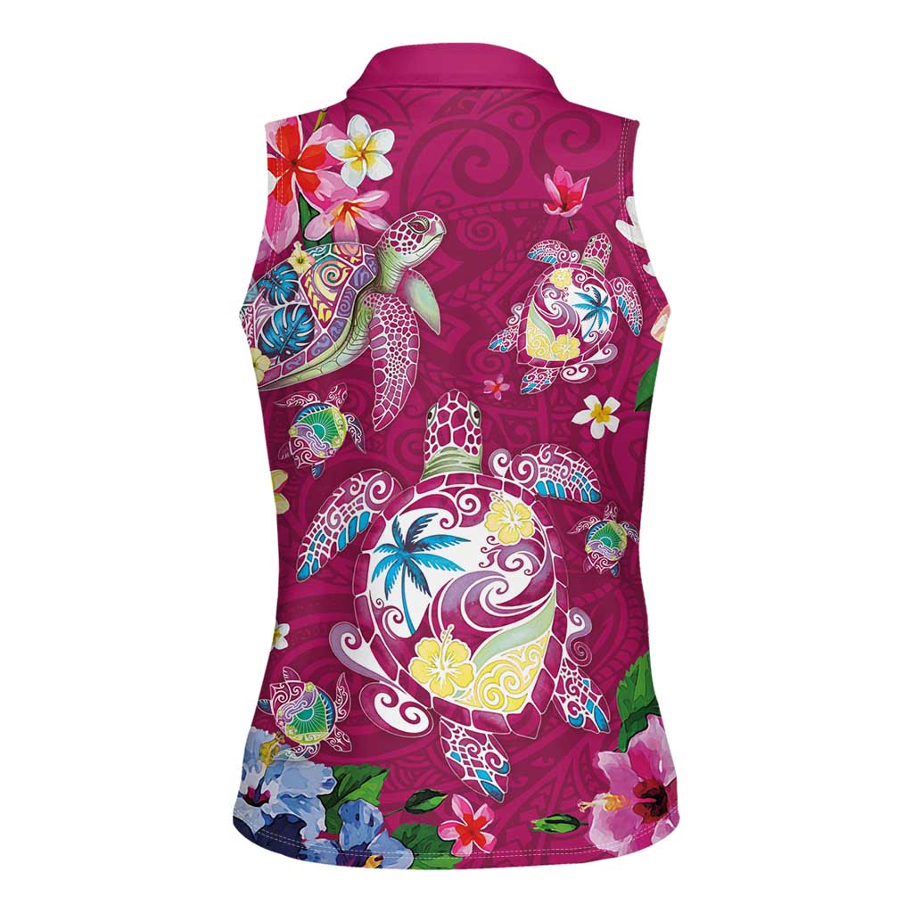 Hawaiian Turtles and Tropical Plants Women Sleeveless Polo Shirt Pink Watercolor LT03 - Polynesian Pride