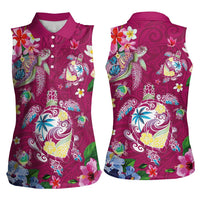 Hawaiian Turtles and Tropical Plants Women Sleeveless Polo Shirt Pink Watercolor LT03 - Polynesian Pride