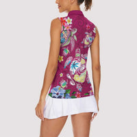Hawaiian Turtles and Tropical Plants Women Sleeveless Polo Shirt Pink Watercolor LT03 - Polynesian Pride