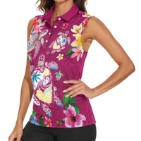 Hawaiian Turtles and Tropical Plants Women Sleeveless Polo Shirt Pink Watercolor LT03 - Polynesian Pride