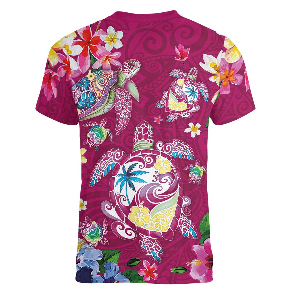Hawaiian Turtles and Tropical Plants Women V-Neck T-Shirt Pink Watercolor LT03 - Polynesian Pride