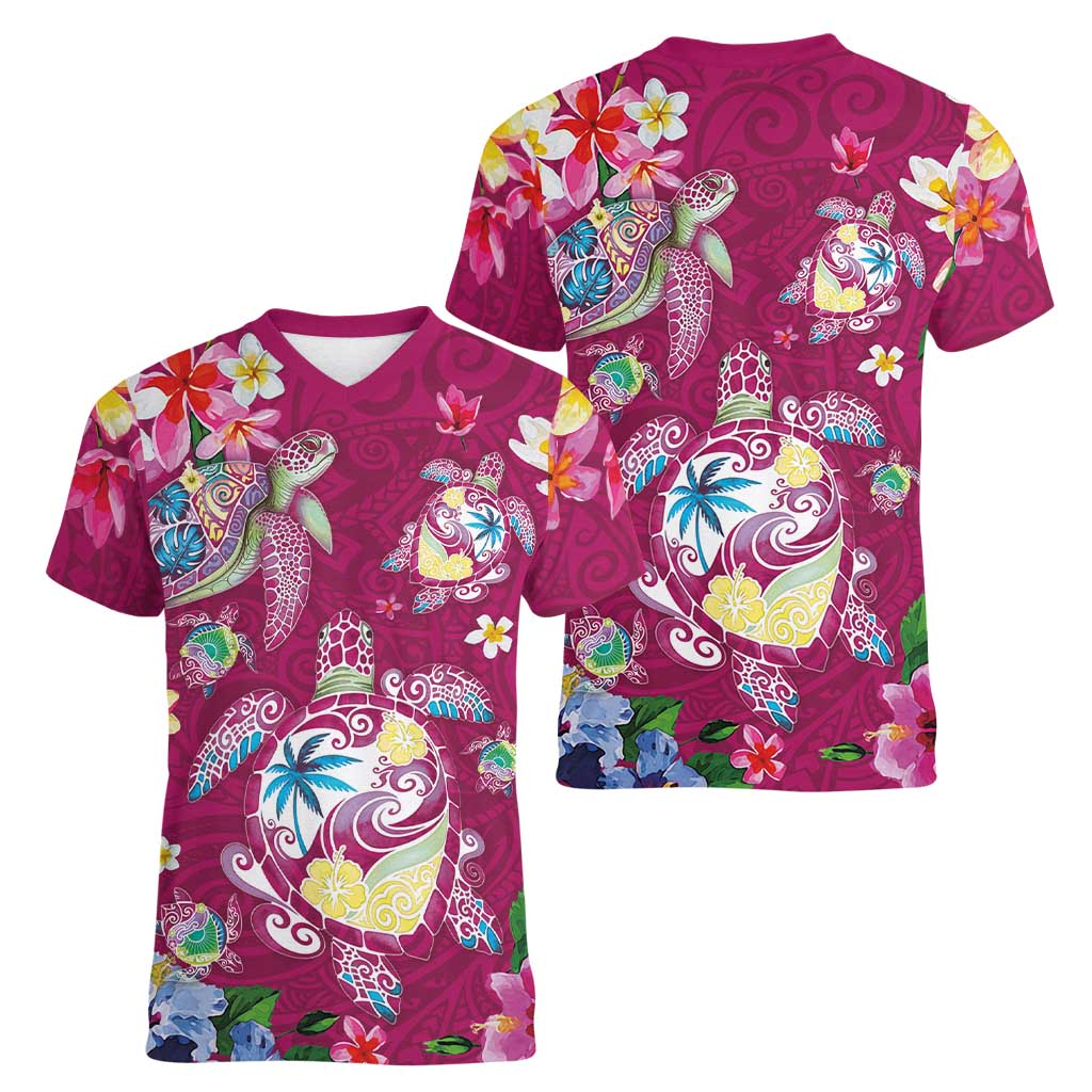 Hawaiian Turtles and Tropical Plants Women V-Neck T-Shirt Pink Watercolor LT03 - Polynesian Pride