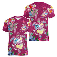 Hawaiian Turtles and Tropical Plants Women V-Neck T-Shirt Pink Watercolor LT03 - Polynesian Pride