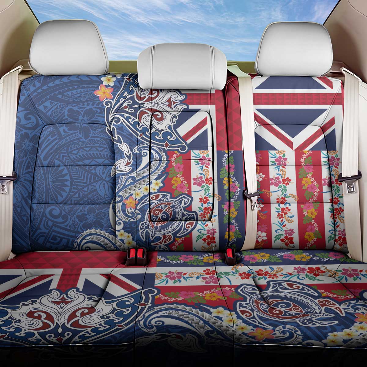 Hawaiian Manta Ray and Turtle Tribal Tattoo Back Car Seat Cover With Hawaii Flag and Flowers LT03 One Size Multicolor - Polynesian Pride