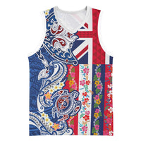 Hawaiian Manta Ray and Turtle Tribal Tattoo Basketball Jersey With Hawaii Flag and Flowers LT03 Unisex Multicolor - Polynesian Pride