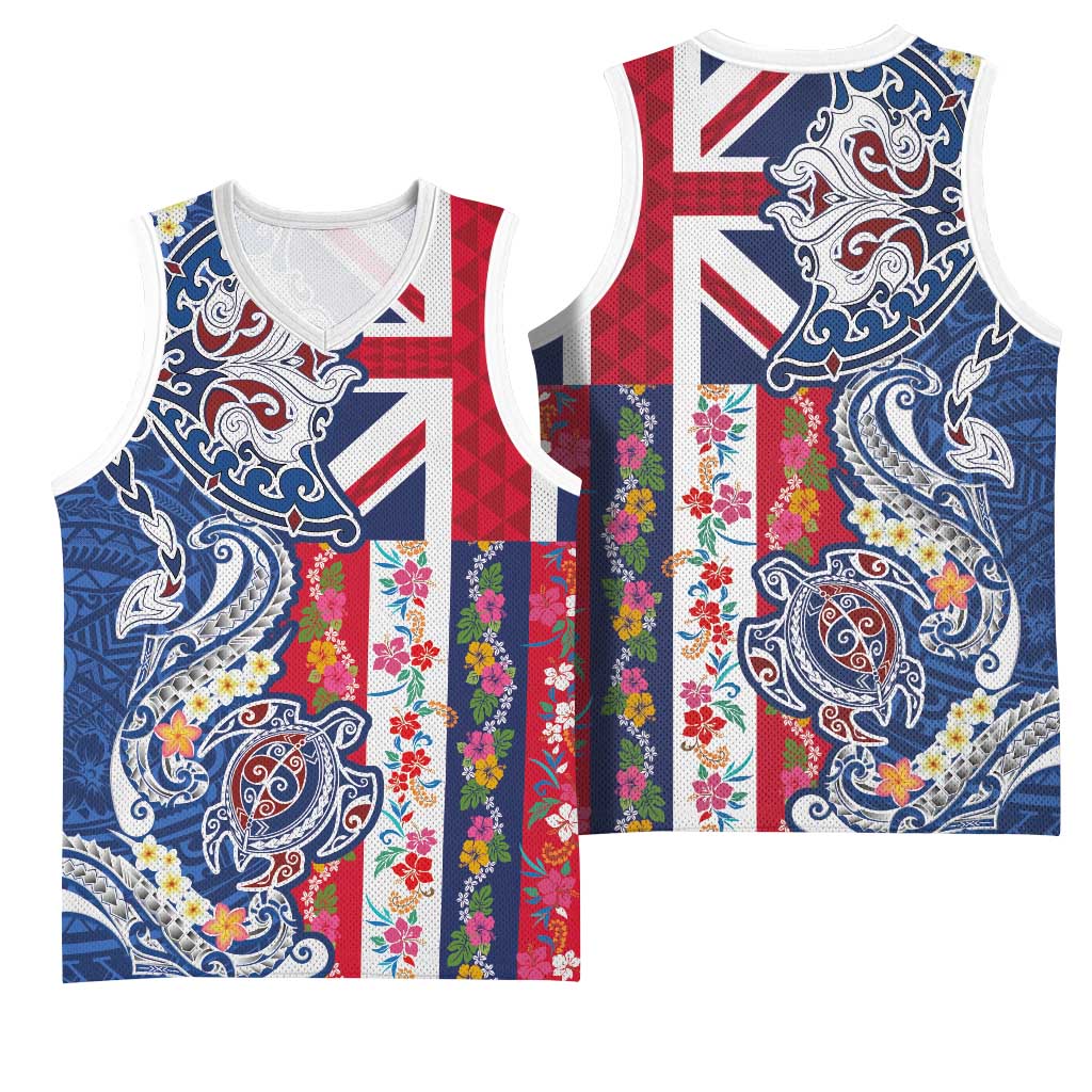 Hawaiian Manta Ray and Turtle Tribal Tattoo Basketball Jersey With Hawaii Flag and Flowers LT03 - Polynesian Pride