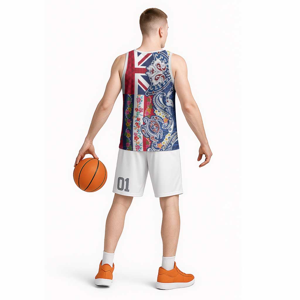 Hawaiian Manta Ray and Turtle Tribal Tattoo Basketball Jersey With Hawaii Flag and Flowers LT03 - Polynesian Pride